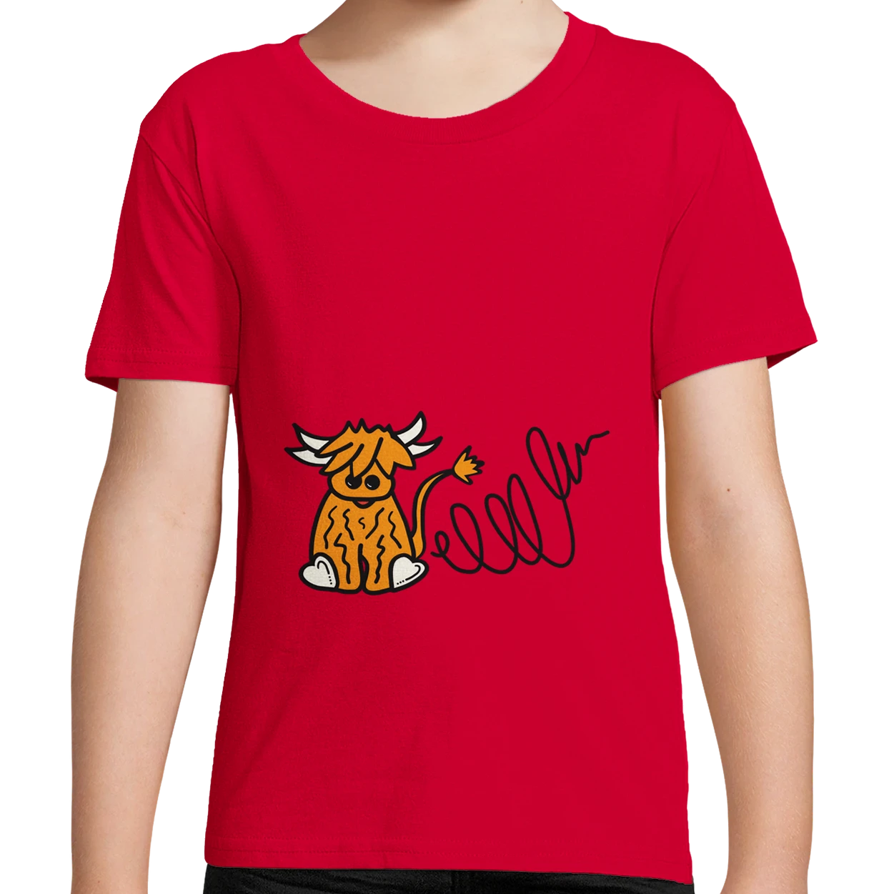 Red Organic Highland Cow Kids T-Shirt UK | Hand-drawn in Scotland