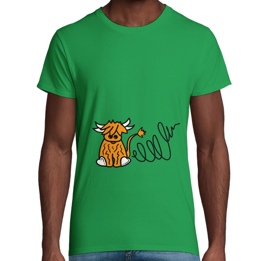 Green Organic Highland Cow Adult T-Shirt UK | Hand-Drawn in Scotland