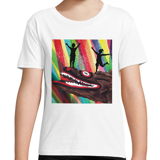 White Organic Mllport Crocodile Rock Rainbow Kids T-Shirt UK | Hand-drawn in Scotland
